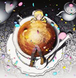  1girl beret blonde_hair boots brown_thighhighs closed_eyes closed_mouth commentary confetti cup detached_sleeves doily drill_hair drink facing_viewer flower from_above hair_flower hair_ornament hairclip hat highres in_container in_cup lace long_hair magical_girl mahou_shoujo_madoka_magica mahou_shoujo_madoka_magica_(anime) mini_person minigirl na_dara neck_ribbon partially_submerged plate puffy_sleeves reclining ribbon saucer shirt skirt smile solo spoon striped_clothes striped_thighhighs tea tea_set teacup teapot teaspoon thigh-highs tomoe_mami tomoe_mami_(magical_girl) twin_drills untranslatable_commentary vertical-striped_clothes vertical-striped_thighhighs white_shirt yellow_ribbon 