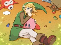  ... bag blonde_hair blue_eyes boots brown_boots colored_skin commentary_request crossover furono_(fuloru) green_hat hand_on_own_chin hat highres kirby kirby_(series) link lying male_focus octorok on_ground pink_skin pointy_ears satchel sparkle tentacles the_legend_of_zelda the_legend_of_zelda:_oracle_of_ages 