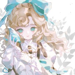  1girl aqua_bow aqua_eyes baba_nu_wang bandaged_hand bandages blonde_hair bow chinese_commentary commentary_request conch curly_hair eyelashes hair_bow highres holding_seashell juliet_sleeves long_hair long_sleeves looking_at_viewer lorelei_(reverse:1999) puffy_sleeves reverse:1999 seashell shell shirt smile solo upper_body white_shirt 