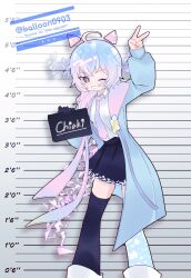  ahoge arm_up asymmetrical_legwear balloon0903 black_skirt blue_coat blue_hair blush character_name character_request coat commentary_request commission copyright_request eyelashes gradient_hair gradient_necktie grin height_mark highres holding holding_sign long_sleeves mismatched_legwear mismatched_thighhighs mugshot multicolored_hair necktie one_eye_closed open_clothes open_coat pink_hair shirt sign skeb_commission skirt smile standing star_(symbol) teeth thigh-highs twitter_username two-tone_hair v white_shirt 