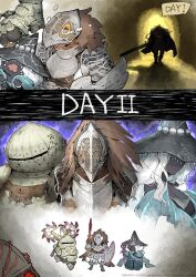  bell_bearing_hunter_(elden_ring) bird chibi commentary_request elden_ring elden_ring_nightreign guardian_(elden_ring) hat highres mage_staff raider_(elden_ring) recluse_(elden_ring) siegmeyer_of_catarina simple_background staff witch witch_hat 