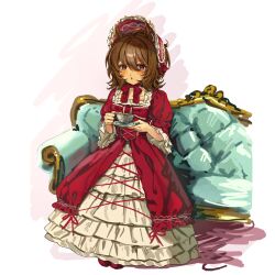  1girl :o agnes_tachyon_(umamusume) ahoge alternate_costume animal_ears blush bonnet bow commentary_request couch cup dot_nose dress frilled_bonnet frilled_dress frilled_sleeves frills hair_between_eyes highres holding holding_cup holding_saucer horse_ears horse_girl medium_hair open_mouth puffy_sleeves raised_inner_eyebrows red_bow red_dress red_eyes red_shoes saucer shoes simple_background sitting skyk57milk solo teacup two-tone_dress umamusume white_background 