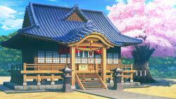  absurdres architecture artist_request bell blue_sky box cherry_blossoms clouds day donation_box east_asian_architecture forest game_asset hakurei_shrine highres jingle_bell kouhaku_nawa nature no_humans non-web_source outdoors rope scenery shide shimenawa shrine sky stairs stone_lantern third-party_source tomoe_(symbol) touhou touhou_spell_carnival tree 