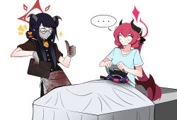  absurdres bitter_gavv black_hair blue_archive commentary demon_girl demon_horns demon_wings english_commentary fuuka_(blue_archive) gochizo hair_on_horn halo highres horns junko_(blue_archive) kamen_rider kamen_rider_gavv_(series) long_hair mask mouth_mask non_de_burk pointy_ears red_eyes red_hair red_halo shirt simple_background surgical_mask tagme wings 