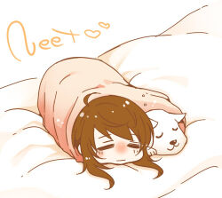  1girl :3 =_= aglio ahoge animal bed_sheet blanket blush brown_hair chibi chibi_only closed_eyes closed_mouth commentary_request dog fatal_frame fatal_frame:_maiden_of_black_water heart kozukata_yuuri long_hair lowres lying on_stomach simple_background sleeping solo under_covers white_background wrapped_in_blanket 
