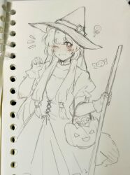  1girl :d ;d absurdres alternate_costume blush broom candy choker collarbone commentary dress food gloves halloween_bucket hand_up hat highres holding holding_broom jack-o'-lantern layered_dress lollipop looking_at_viewer nose_blush one_eye_closed parted_lips photo_(medium) pink_eyes raphtalia shadiaodetanga short_sleeves simple_background sketch smile solo spot_color tate_no_yuusha_no_nariagari traditional_media untranslatable_commentary witch witch_hat 