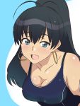  1girl :d antenna_hair bare_shoulders black_hair blue_eyes breasts cleavage competition_swimsuit earrings fang ganaha_hibiki highres hoop_earrings idolmaster jewelry kagemusha looking_at_viewer one-piece_swimsuit open_mouth ponytail school_swimsuit smile solo swimsuit 