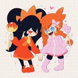  2girls ashley_(warioware) big_hair black_pants blue_eyes blush boots braid commentary dress english_commentary expressionless glass hair_ornament hairband heart heart_hair_ornament highres holding_hands low_twin_braids multiple_girls neckerchief open_mouth orange_hair orange_hairband orange_neckerchief pants penny_crygor pink_boots pink_shirt procreate_(medium) red_dress red_eyes red_shoes round_eyewear shirt shoes skull skull_brooch skull_ornament sugarbee908 tiara twin_braids twintails warioware white_background witch 