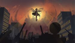  1girl building chinese_commentary city cityscape commentary_request flying highres mahou_shoujo_no_majo_saiban midair military_vehicle motor_vehicle outdoors outstretched_arms sakuraba_ema short_hair skeletal_wings sky spoilers spread_arms sun sunlight sunset tank wide_shot wings witch_(manosaba) yaoyuetwo 