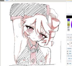  1girl arm_above_head black_skirt closed_mouth commentary_request drill_hair dynamic_pose hair_between_eyes half-closed_eyes highres kasane_teto kasane_teto_(utau) light_blush long_eyelashes looking_at_viewer red_eyes red_hair screenshot_background sketch skirt sweat twin_drills upper_body ur_(ur_o_) utau 