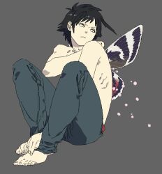  1boy barefoot black_hair butterfly_wings closed_mouth commentary_request denim full_body grey_background honya_lala insect_wings jeans male_focus oekaki original pants ribs short_hair simple_background sitting solo topless_male wings 