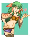  1girl bangs blue_eyes breasts creature earrings feena_(grandia) grandia grandia_i green_eyes green_hair hair_ornament hair_tubes hat jewelry long_hair low-tied_long_hair midriff multiple_girls necklace open_mouth purple_hair shorts sitting striped striped_legwear t_shatsu thigh-highs tied_hair wide_sleeves 