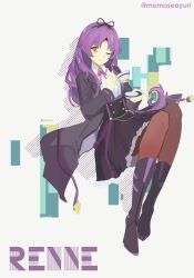  1girl artist_name black_boots black_coat black_pantyhose black_ribbon black_skirt boots character_name coat coat_lift cup eiyuu_densetsu full_body grey_background hair_ribbon highres holding holding_cup holding_saucer kuro_no_kiseki_(series) kuro_no_kiseki_ii long_hair long_sleeves looking_at_viewer medium_skirt momoseayuri neck_ribbon one_eye_closed open_clothes open_coat pantyhose parted_bangs purple_hair red_ribbon renne_(eiyuu_densetsu) ribbon saucer simple_background sitting skirt smile solo teacup twitter_username yellow_eyes 