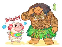  ... 2boys aksrnk3 animal_crossing arm_tattoo black_hair breasts chest_tattoo curled_horns curly_hair dark-skinned_male dark_skin dom_(animal_crossing) east-west_crossover highres hooves horns leaf_skirt maui_(moana) moana_(movie) multiple_boys pink_horns rainbow_shirt sheep sheep_boy sheep_horns steaming_body sweatdrop tattoo tattoo_sleeve tie-dye tribal_tattoo 