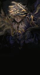  1boy absurdres arm_up armor asymmetrical_wings black_background black_boots blonde_hair bodysuit boots cape closed_mouth commentary cracked_skin full_body gauntlets hair_between_eyes highres honkai:_star_rail honkai_(series) looking_to_the_side male_focus maroronegi muscular muscular_male pauldrons pectorals phainon_(honkai:_star_rail) phainon_(khaslana)_(honkai:_star_rail) purple_bodysuit purple_cape short_hair shoulder_armor simple_background single_gauntlet single_pauldron solo standing waist_cape wings yellow_eyes 
