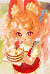  1girl absurdres alternate_costume alternate_hairstyle animal_ear_fluff animal_ears blush bright_pupils cake candle carrot cowboy_shot day dress fire food furry furry_female hair_ornament highres holding holding_cake holding_food long_hair looking_at_viewer open_mouth outdoors pink_fur pink_hair rabbit_ears rabbit_girl red_dress red_eyes short_eyebrows smile solo thick_eyebrows twintails two-tone_dress v white_dress white_pupils yamisroot zenless_zone_zero zhao_(zenless_zone_zero) 