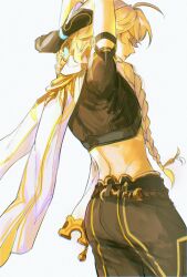  1boy aeferjam aether_(genshin_impact) ahoge arm_armor armor arms_up backlighting belt black_gloves black_pants black_shirt blonde_hair braid brown_belt chromatic_aberration clenched_hands closed_eyes closed_mouth cowboy_shot crescent crescent_pin english_commentary floating_clothes from_behind genshin_impact gloves gold_trim hair_between_eyes hair_ornament hair_ribbon hair_tubes highres long_hair low-braided_long_hair low-tied_long_hair male_focus midriff pants ribbon scarf shirt short_sleeves shoulder_armor single_braid single_hair_tube smile solo standing white_ribbon white_scarf 