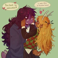  2girls animal_ears antlers averting_eyes brown_fur buck_teeth checkered_clothes checkered_vest cherriinie colored_skin commentary deer_antlers deer_ears deer_girl deer_tail deltarune english_commentary english_text furry furry_female furry_with_furry glasses highres horns jacket multiple_girls noelle_holiday purple_jacket purple_skin reindeer_girl speech_bubble susie_(deltarune) tail tail_wagging teeth two-tone_sweater_vest utdr_(toby_fox) vest yuri 