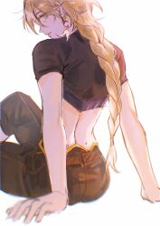  1boy aeferjam aether_(genshin_impact) ahoge backlighting belt black_shirt blonde_hair blush braid brown_belt brown_pants chromatic_aberration closed_mouth commentary earrings from_behind genshin_impact gold_trim hair_between_eyes hair_ornament hair_tubes highres jewelry lips long_hair looking_at_viewer looking_back low-braided_long_hair low-tied_long_hair male_focus midriff pants shirt short_sleeves simple_background single_braid single_earring single_hair_tube sitting smile solo untranslatable_commentary white_background yellow_eyes 
