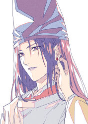  1boy adjusting_earrings chinese_commentary commentary_request earrings eyes_visible_through_hair fujiwara_no_sai hat hikaru_no_go hun_(endlesslovehikaru) japanese_clothes jewelry kariginu kimono long_hair male_focus portrait purple_hair purple_hat purple_lips red_kimono simple_background solo stud_earrings tate_eboshi v-shaped_eyebrows violet_eyes white_background 