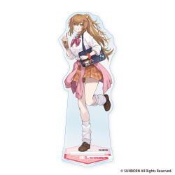  1girl acrylic_stand_(medium) badge bag bag_charm bow bowtie bracelet breasts brown_eyes brown_hair brown_shoes bubble_tea button_badge buttons cardigan cardigan_around_waist character_charm character_name charm_(object) clothes_around_waist company_name copyright_notice crossed_bangs cup diagonal-striped_bow diagonal-striped_bowtie diagonal-striped_clothes disposable_cup dot_nose dress_shirt drink drinking_straw food full_body girls'_frontline_2:_exilium girls_frontline grin gyaru hair_bow hair_ornament hairclip heart heart_hair_ornament holding holding_drink ice_cream ice_cream_float jewelry kneehighs kogal leg_up lenna_(girls'_frontline_2) light_blush loafers long_hair looking_at_viewer loose_socks medium_breasts merchandise_available miniskirt multicolored_hair multiple_bracelets official_alternate_costume official_alternate_hairstyle official_art orange_skirt pink_bow pink_bowtie pink_cardigan pink_streaks plaid_clothes plaid_skirt pleated_skirt re_(re_09) red_scrunchie school_bag school_uniform scrunchie second-party_source shirt shirt_tucked_in shoes shoulder_bag sidelocks simple_background skirt sleeves_rolled_up smile socks solo standing standing_on_one_leg streaked_hair striped_bow striped_bowtie striped_clothes three-quarter_sleeves two-tone_hair ump9_(girls'_frontline) white_background white_shirt white_socks wrist_scrunchie yellow_bow 
