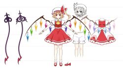  1girl a-pose ascot blonde_hair bloomers bobby_socks bow collared_shirt crystal dot_nose flandre_scarlet frilled_skirt frills from_behind full_body hat hat_bow high_heels hirano_katsuyuki laevatein_(touhou) looking_at_viewer mob_cap multicolored_wings multiple_views non-web_source official_art one_side_up open_mouth pointing_out_the_details puffy_short_sleeves puffy_sleeves red_bow red_eyes red_shoes red_skirt red_vest ribbon shirt shoes short_sleeves skirt skirt_set smile socks touhou touhou_spell_carnival vest white_bloomers white_hat white_shirt white_socks wings wrist_cuffs yellow_ascot 