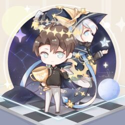  2boys back-to-back black_shirt black_shoes blue_cloak blue_eyes blue_hat brown_hair buttons checkered_floor chibi chinese_commentary cloak closed_mouth collared_jacket collared_shirt commentary_request constellation dual_persona expressionless floating_hair frilled_shirt_collar frills grey_hair hair_between_eyes halo hat hat_ornament high_collar holding holding_jewelry holding_trophy interruption_(echo-023) jacket jacket_on_shoulders jewelry light_blush light_frown long_sleeves making-of_available male_focus multiple_boys object_floating_above_hand outstretched_hand pants parted_bangs planet quanzhi_gaoshou shirt shoes shooting_star short_hair star_(symbol) star_hat_ornament sweatpants track_jacket trophy wang_jiexi wang_jiexi_(vaccaria) white_jacket white_pants wizard wizard_hat yellow_background yellow_halo 