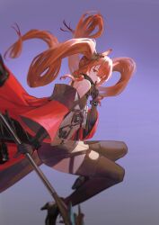  1girl absurdres angelina_(arknights) animal_ears arknights arknights:_endfield bare_shoulders black_gloves black_thighhighs brlnhrtn brown_hair coat dress finger_to_mouth fox_ears fox_girl gilberta_(arknights) gloves grey_dress highres holding holding_staff infection_monitor_(arknights) long_hair looking_at_viewer red_coat red_eyes shushing solo staff thigh-highs twintails 