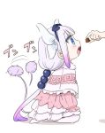  1girl blue_eyes chocolate commentary_request dragon_girl dragon_tail dress feeding gothic_lolita gradient_hair headband horns kanna_kamui kneeling kobayashi-san_chi_no_maidragon lolita_fashion long_hair looking_to_the_side multicolored_hair open_mouth purple_hair solo_focus sound_effects tail tail_wagging teasing tonmoh twintails white_background 