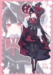  1girl black_hair black_hat black_pantyhose black_shoes black_skirt closed_mouth commentary frilled_skirt frills full_body hat high-low_skirt highres long_hair long_sleeves looking_at_viewer mahou_shoujo_no_majo_saiban necktie nikaido_hiro pantyhose plaid_clothes plaid_necktie plaid_skirt pleated_capelet pleated_skirt puffy_sleeves red_eyes red_necktie red_skirt shirt shoes skirt solo un_(prmc_aaa) white_shirt witch_hat zoo 