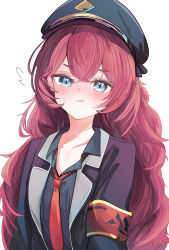  1girl armband black_hat black_jacket black_shirt blue_archive blue_eyes blush collarbone collared_shirt commentary_request crossed_bangs eyelashes fluffy_hair flying_sweatdrops hair_between_eyes hat highres iroha_(blue_archive) jacket long_hair looking_at_viewer military_hat military_uniform necktie open_clothes open_jacket open_mouth partial_commentary peaked_cap red_armband red_hair red_necktie shinonome_(jugg7238) shirt shy simple_background solo sweatdrop thick_eyebrows tsurime upper_body v-shaped_eyebrows very_long_hair white_background 