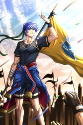  1boy absurdres aerial_fireworks bandaged_wrist bandages black_gloves black_shirt blue_jacket clothes_around_waist clouds collarbone fingerless_gloves fire_emblem fire_emblem:_path_of_radiance fire_emblem_heroes fireworks flag gloves green_headband hand_up headband highres holding holding_flag ike_(fire_emblem) ike_(full-tilt_merc)_(fire_emblem) jacket jacket_around_waist male_focus multiple_others official_alternate_costume outdoors shirt short_hair shorts sky solo_focus sweat tellius_forever wrist_wrap wristband 