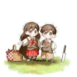  1boy 1girl aged_down antenna_hair black_eyes black_hair black_shoes black_sweater_vest blush brother_and_sister brown_shorts child closed_mouth collared_shirt commentary_request double-parted_bangs hair_between_eyes highres jooee4124 knife long_hair mari_(faraway)_(omori) mari_(omori) neckerchief omori oversized_clothes parted_lips picnic_basket pleated_skirt red_neckerchief red_skirt shirt shoes short_hair short_sleeves shorts siblings skirt socks standing sunny_(omori) sweater_vest white_background white_shirt white_socks 