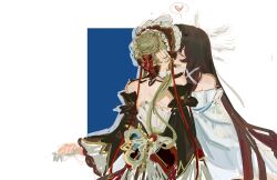  2girls absurdres bare_shoulders black_hair blue_background blush bonnet braid braided_bun closed_eyes columbina_(genshin_impact) commentary detached_sleeves dress genshin_impact grey_hair hair_bun hand_on_another's_face heart highres kiss multicolored_hair multiple_girls off-shoulder_dress off_shoulder purple_streaks saawawa sandrone_(genshin_impact) spoken_heart streaked_hair two-tone_background white_background white_bonnet white_dress winding_key yuri 