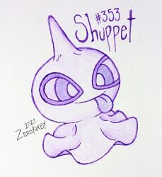  :p artist_name commentary dated english_commentary full_body monochrome no_humans pokedex_number pokemon pokemon_(creature) pokemon_focus purple_theme shuppet smile solo tongue tongue_out traditional_media white_background zerokirbyarts 