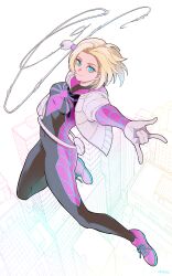  1girl absurdres blonde_hair blue_eyes bodysuit commentary english_commentary gwen_stacy highres hood hooded_bodysuit marvel multicolored_bodysuit print_bodysuit shoes silk solo spider-gwen spider-man_(series) spider_web spider_web_print superhero_costume sushi_pizza_rrr two-tone_bodysuit white_bodysuit 
