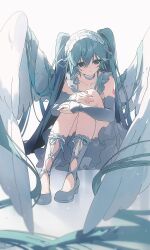  1girl absurdres angel_wings aqua_choker aqua_eyes aqua_hair aqua_ribbon choker detached_sleeves dress hair_between_eyes hands_on_own_knees hatsune_miku highres long_hair on_ground ribbon shade shoes simple_background sin_090 sitting sleeveless sleeveless_dress socks solo stirrup_footwear twintails very_long_hair vocaloid white_background white_dress white_headdress white_ribbon white_shoes white_socks wings 
