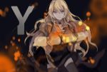  1girl bangs black_legwear blonde_hair closed_mouth fire long_hair motion_blur puffy_short_sleeves puffy_sleeves rwby shirt short_sleeves smile solo swept_bangs tanshi_shou text thigh-highs upskirt violet_eyes wavy_hair weapon yang_xiao_long yellow_shirt 