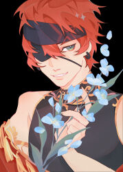  1boy avidyae bare_shoulders black_background black_headband black_shirt blue_flower blue_petals collared_shirt d.gray-man earrings eyepatch feather_trim feathers flower gold_trim green_eyes green_leaf grin hair_between_eyes headband high_collar highres holding holding_flower hoop_earrings jewelry lavi leaf lips looking_at_viewer male_focus one_eye_covered parted_lips petals plant portrait red_hair red_sash sash shirt short_hair sidelocks simple_background sleeveless sleeveless_shirt smile solo sparkle spiky_hair striped_clothes striped_headband striped_sash striped_shirt upper_body vertical-striped_clothes vertical-striped_headband vertical-striped_shirt 