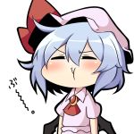  1girl arms_at_sides bat_wings chibi closed_eyes dress hair_between_eyes hat lavender_hair mob_cap pink_dress pouty_lips puffy_short_sleeves puffy_sleeves remilia_scarlet short_hair short_sleeves solo touhou twumi wings 