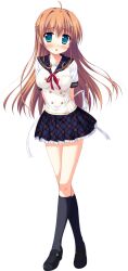  1girl ahoge aqua_eyes back_bow black_socks blue_skirt bow bowtie brown_hair buttons collarbone double-breasted frilled_skirt frills full_body game_asset hair_flaps loafers long_hair magical_marriage_lunatics!! miniskirt neck_ribbon non-web_source open_mouth plaid_clothes plaid_sailor_collar plaid_skirt pleated_skirt red_bow red_bowtie red_hair ribbon sailor_collar school_uniform serafuku shirahase_yuuna shirt shoes short_sleeves skirt socks tachi-e transparent_background two-tone_shirt white_shirt yamakaze_ran yellow_eyes 