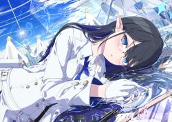  1girl belt black_hair blue_archive blue_eyeliner blue_eyes blue_hair blue_halo blue_necktie blue_sky breasts clouds collared_dress colored_inner_hair commentary_request dress earrings elf eyeliner glasses gloves halo highres jacket jewelry kivotos large_breasts long_hair looking_at_viewer lying makeup miyako_0 multicolored_hair necktie on_side outdoors paper parted_lips pen pointy_ears reflection reflective_liquid rimless_eyewear rin_(blue_archive) ring_of_light_(blue_archive) sky solo transparent transparent_umbrella two-tone_hair umbrella white_belt white_dress white_gloves white_jacket 