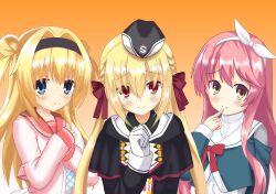  3girls arihara_nanami black_capelet black_hairband black_hat blonde_hair blue_eyes blush bow capelet chitose_sana clenched_hand closed_mouth commentary_request company_connection crossover double_bun eyes_visible_through_hair furrowed_brow garrison_cap gloves gradient_background green_jacket hair_between_eyes hair_bow hair_bun hair_intakes hair_ribbon hairband hand_up hat highres index_finger_raised jacket kurama_koharu long_hair long_sleeves low_twintails multiple_crossover multiple_girls orange_background pink_hair pink_shirt red_bow red_eyes red_ribbon red_sailor_collar ribbon riddle_joker sailor_collar sailor_shirt school_uniform senren_banka serafuku shirt sidelocks simple_background sleeves_past_wrists smile split_mouth tareme tenshinranman trait_connection twintails two_side_up upper_body upturned_eyes very_long_hair white_bow white_gloves white_hairband white_sailor_collar white_shirt yellow_eyes yuku0307 yuzusoft 