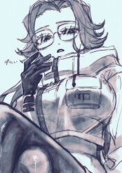  1girl aotsuki_eito breast_pocket breasts commentary_request cropped_jacket crossed_legs drawstring eyelashes from_below genderswap genderswap_(mtf) glasses gloves greyscale hand_up highres jacket large_breasts looking_at_viewer monochrome nelt parted_lips pocket short_hair solo the_hundred_line_-last_defense_academy- zipper_pull_tab 