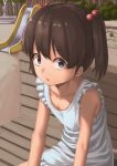  1girl apron bangs bench blue_eyes brown_hair child collarbone dress flat_chest fountain hair_bobbles hair_ornament looking_at_viewer naked_apron outdoors park ranma_(kamenrideroz) short_twintails sitting sleeveless slide solo twintails 