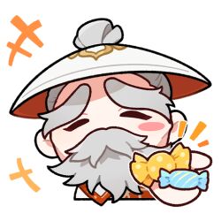  +++ 1boy candy chibi chibi_only closed_eyes commentary english_commentary food hat holding holding_candy holding_food honkai:_star_rail honkai_(series) huaiyan_(honkai:_star_rail) male_focus official_art old old_man smile solo thick_eyebrows 