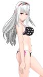  1girl 3d artificial_academy_2 bangs bikini breasts cleavage female frown hairband highres idolmaster kasakuri large_breasts long_hair looking_at_viewer navel polka_dot polka_dot_bikini polka_dot_swimsuit shijou_takane side-tie_bikini silver_hair simple_background solo swimsuit violet_eyes white_background 