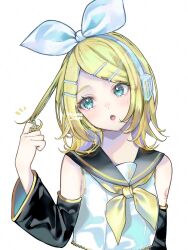  1girl bare_shoulders black_sailor_collar black_sleeves blonde_hair blue_eyes bow breasts commentary_request detached_sleeves hair_bow hair_ornament hairclip headphones highres kagamine_rin looking_to_the_side neckerchief number_tattoo open_mouth parallel_hairclips playing_with_own_hair sailor_collar shirt short_hair simple_background sleeveless sleeveless_shirt small_breasts tattoo treble_clef vocaloid white_background white_bow white_shirt yellow_neckerchief yellow_trim yuuka_nade 