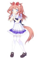 2000s_(style) agnes_digital_(umamusume) blue_eyes bow_on_back brown_shoes cutecore flat_chest hair_down hair_ornament horse_ears horse_girl horse_shoe horse_tail jewls long_hair nervous pale_skin pastel_colors pigtails pink_hair pleated_skirt puffy_short_sleeves purple_bow red_bow ruffles sailor_collar sailor_uniform school_shoes school_uniform short_sleeves thigh-highs tracen_school_uniform twintails umamusume white_shirt white_socks