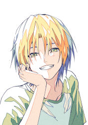  1boy blonde_hair blue_hair chinese_commentary colored_bangs commentary_request curtained_hair eyebrows_hidden_by_hair fangs green_eyes green_sleeves grin head_on_hand hikaru_no_go hun_(endlesslovehikaru) looking_at_viewer male_focus multicolored_hair raglan_sleeves shindou_hikaru short_sleeves simple_background smile solo two-tone_hair upper_body white_background 